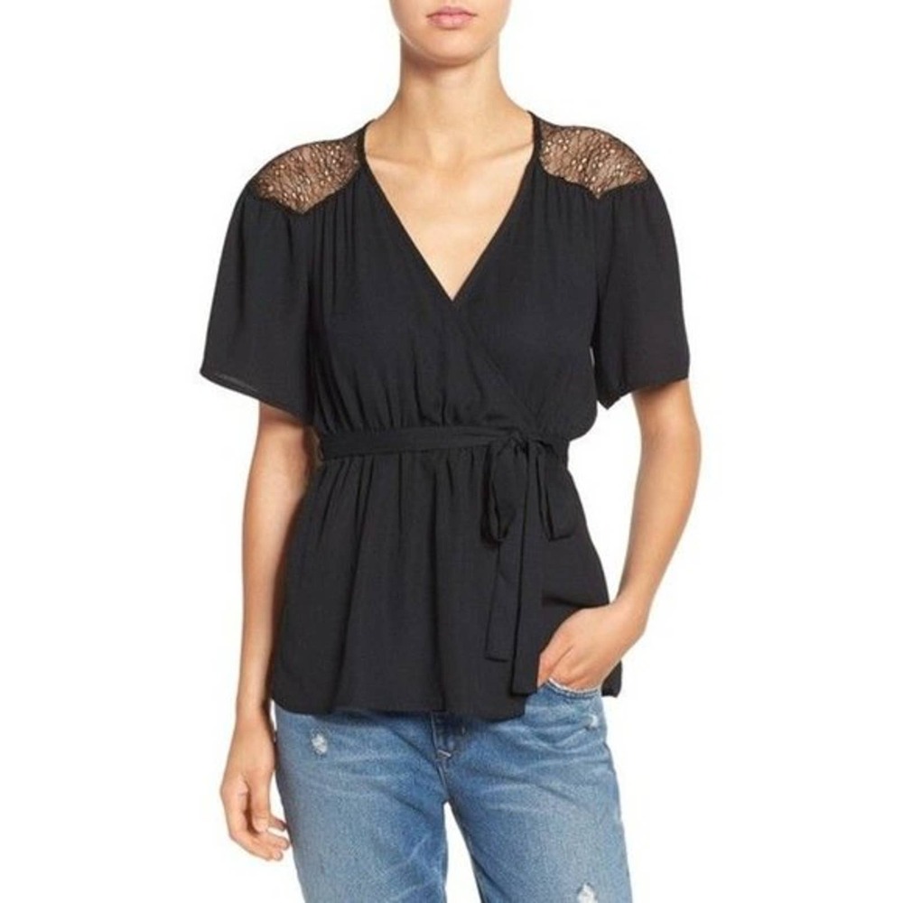 June & Hudson Womens Black Inset Lace Wrap Top Dark Coquette Romantic Size XS